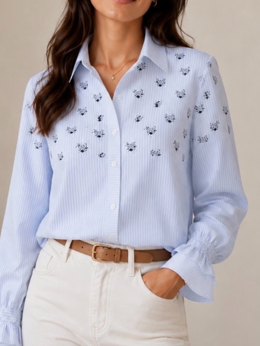 Cabi Whitney Shirt in blue white stripe floral long ruffle sleeve button down M